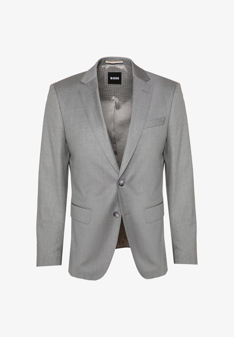Gray blazer made of textured fabric, single-breasted style, two front pockets, notched lapels, and two button closure. Lined interior with label.