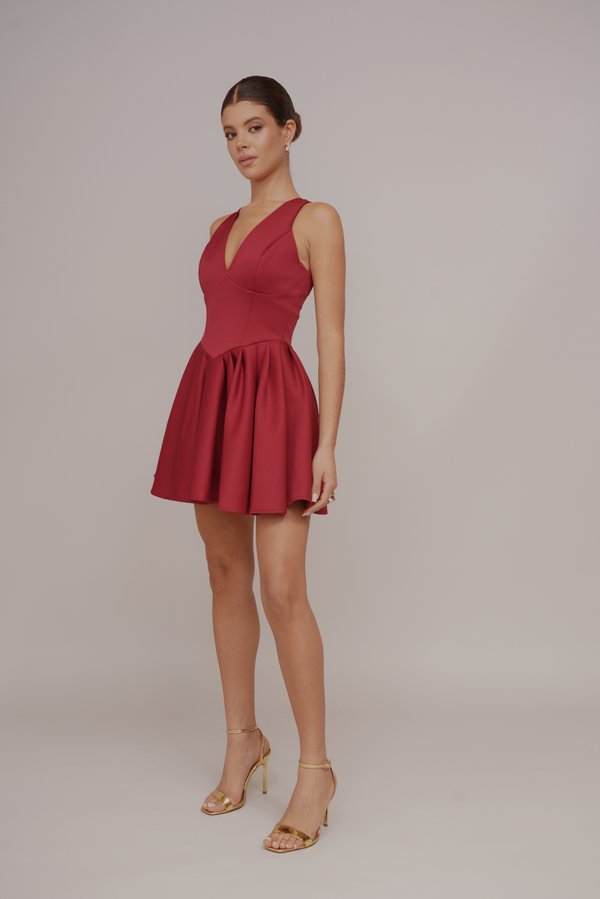 MELODY V NECK PLEATED SKATER - Cocktail dress / Party dress - wine4