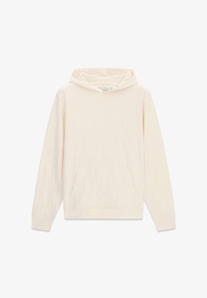 Hættetrøje i cremefarve lavet af blødt stof. Har en forlommer, ribbede manchetter og en hætte med snøre. Glat tekstur og afslappet pasform.