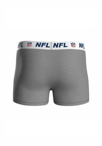 Bóxer gris con cinturilla blanca que presenta texto repetido en azul "NFL" y logotipos del escudo de la NFL.