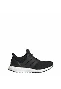 Chaussure de sport noire tricotée avec une semelle blanche texturée et une cage de soutien noire à trois bandes, vue de côté sur fond blanc.
