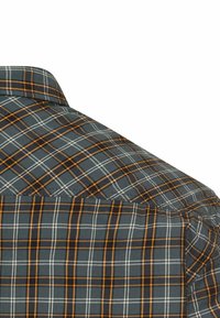 Button-up shirt featuring a gray background with orange and white plaid pattern. Includes a collar and neatly stitched shoulder seam.