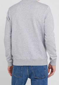 Sudadera gris con cuello redondo, puños y dobladillo acanalados, hecha de material suave, combinada con jeans azules. Presenta un diseño simple, sin adornos.
