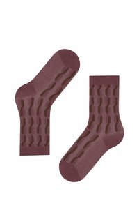 Gestrickte Socken in sanftem Mauve mit dunkelbraunen abstrakten Mustern. In der Mitte der Wade, mit glatter Textur, verstärktem Fersen- und Zehenbereich.