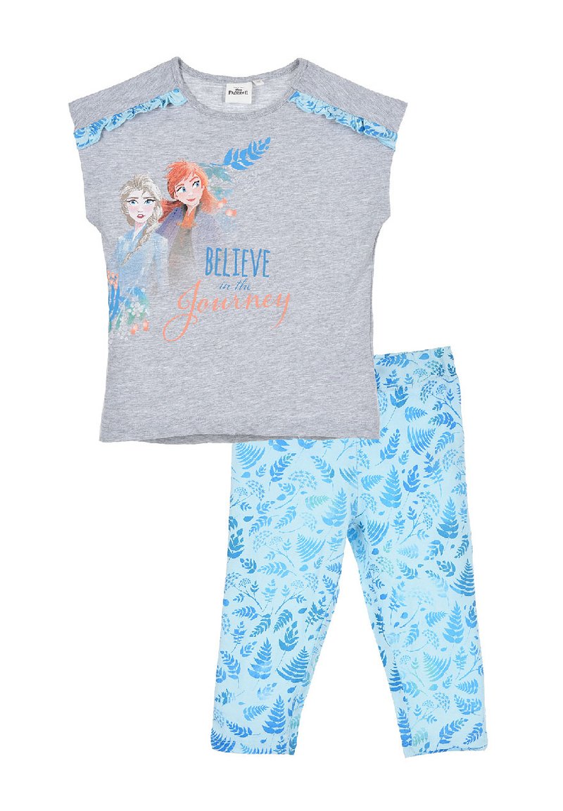 Haut gris à manches courtes avec des impressions de personnages animés et le texte "Croyez en la voie" ; associé à des leggings bleu clair avec des motifs de fougères.