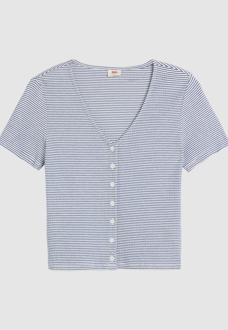 T-shirt à manches courtes en jersey avec des rayures horizontales bleu marine et blanches. Dispose d'une fermeture à boutons sur le devant et d'une coupe ajustée.