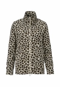 Leopardprint fleece jack met rits, hoge kraag, lange mouwen en een zachte textuur. Voorzien van een centrale rits en elastische manchetten.