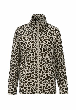 Fleece-takk med leopardmønster, høy krage, lange ermer og myk tekstur. Har en sentral glidelås og elastiske mansjetter.