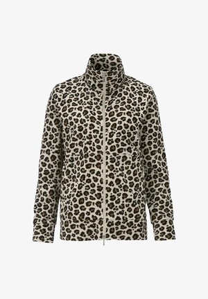 Leopard print zip-up fleece jacket with a high collar, long sleeves, and a soft texture. Features a central zipper and elastic cuffs.