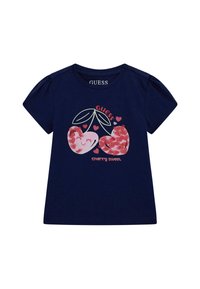 T-shirt a maniche corte blu navy in misto cotone con una grafica di ciliegie con dettagli rosa e testo "cherry sweet" in un font giocoso.