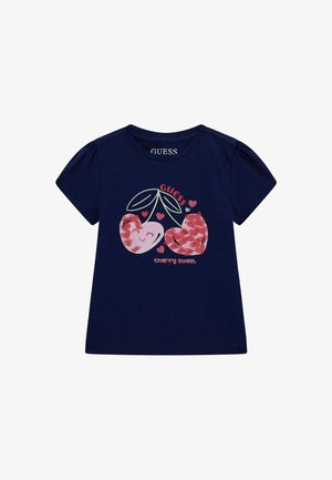 T-shirt a maniche corte blu navy in misto cotone con una grafica di ciliegie con dettagli rosa e testo "cherry sweet" in un font giocoso.