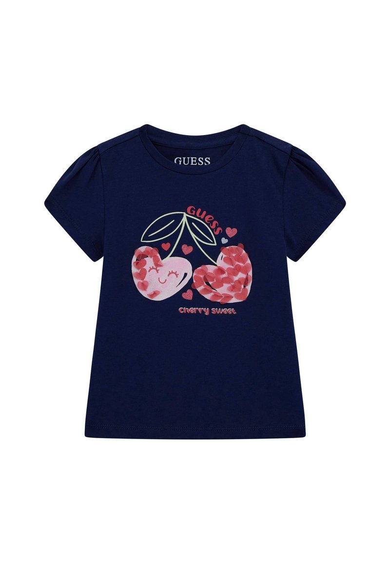 T-shirt a maniche corte blu navy in misto cotone con una grafica di ciliegie con dettagli rosa e testo "cherry sweet" in un font giocoso.