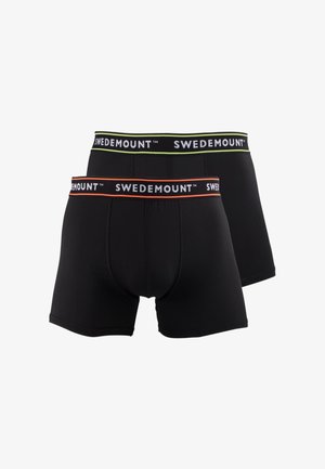 Sorte boxershorts lavet af elastisk stof med en bred talje med "SWEDEMOUNT" i hvid og grønne accenter.