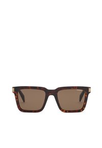 Lunettes de soleil rectangulaires en écaille avec verres marron et discrètes touches dorées sur les charnières, marquées "Chopard" sur le verre droit.