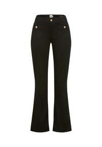 Mustat naisten bootcut-housut etutaskuilla ja kultaisilla napilla, esitelty valkoista taustaa vasten.