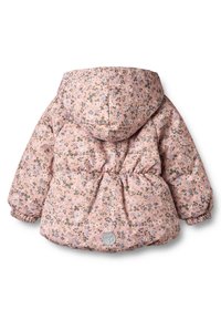 Ružová pufovaná bunda s kapucňou, s elastickými manžetami a zúženým pásom. Potlačená malými kvetmi v fialovej a zelenej farbe.