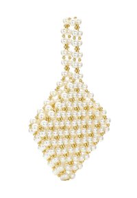 Orecchino in strass a forma di diamante, composto da perle bianche e accenti dorati, con una superficie testurizzata e un design strutturato.