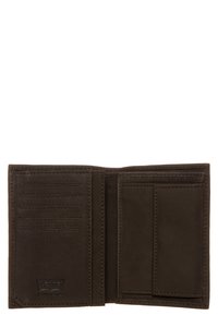 Brown leather wallet with a bifold design. Features six card slots, two additional pockets, and a textured finish. Levi's logo embossed.