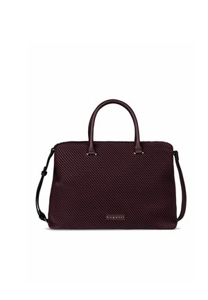 Tiefviolette, strukturierte Handtasche mit zwei oberen Griffen, abnehmbarem Schulterriemen und kleiner Bugatti-Logo-Plakette vorne.