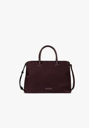 Sac à main texturé violet profond avec deux anses sur le dessus, une bandoulière amovible et une petite plaque avec le logo Bugatti à l’avant.