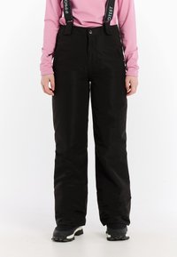 Zwarte sneeuwbroek met verstelbare banden, een knoopsluiting aan de voorkant en een gladde, waterafstotende stof. Ontworpen voor winteractiviteiten.