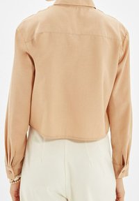Blusa beige croppata con maniche lunghe, caratterizzata da un orlo dritto e polsini con bottoni, realizzata in un tessuto liscio con una leggera lucentezza.