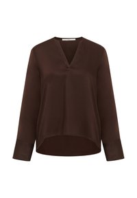 Braune Langarmbluse mit V-Ausschnitt, abgerundetem Saum und weiten Manschetten, aus glattem Stoff.