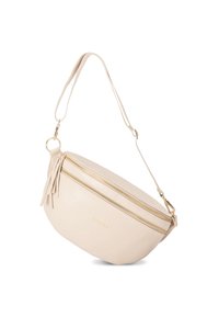 Beige Leder Umhängetasche mit geschwungener Form, zwei goldenen Reißverschlussverschlüssen und einem Quastenakzent. Verstellbarer Riemen mit goldenen Beschlägen.