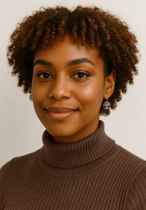 Brun ribbet turtleneck sweater, krøllet hår, hoops øreringe med et trædesign. Glat hud og naturlig makeup mod en neutral baggrund.