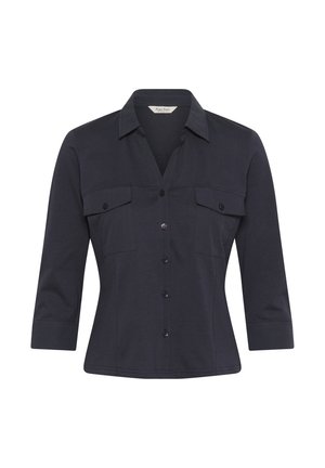 Camicia button-up blu navy scuro con maniche a tre quarti, colletto a punta e due tasche sul petto con patta e bottoni.
