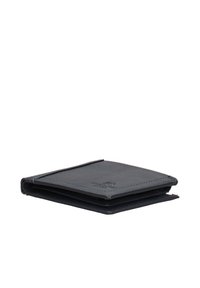 Zwarte leren portemonnee met een minimalistisch ontwerp, voorzien van een gevouwen structuur, een gladde textuur en zichtbare stiknaden langs de randen.