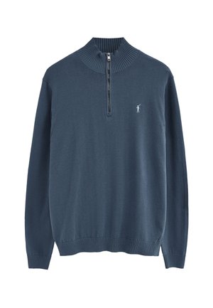 Dunkelblauer Pullover mit Viertelreißverschluss, geripptem Kragen, Bündchen und Saum, mit kleinem Golfer-Logo auf der linken Brust.
