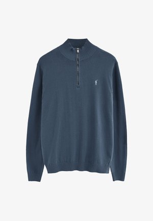 Dunkelblauer Pullover mit Viertelreißverschluss, geripptem Kragen, Bündchen und Saum, mit kleinem Golfer-Logo auf der linken Brust.