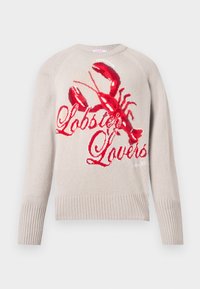 Suéter de punto beige claro con un gran gráfico de una langosta roja y el texto "Lovers de Langosta" en un estilo de script rojo en la parte delantera.