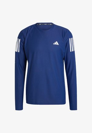 T-shirt de course à manches longues bleu marine en tissu texturé, avec des rayures blanches sur les épaules et un petit logo blanc sur la poitrine.