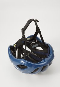 Blue bicycle helmet with a glossy finish, adjustable black straps, and ventilation cutouts. Interior features padding for comfort.