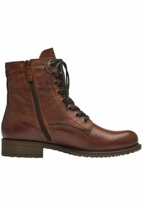 Bottine en cuir marron avec une finition texturée, lacets à l'avant, fermeture éclair latérale et talon carré bas. Bout arrondi et semelle robuste.