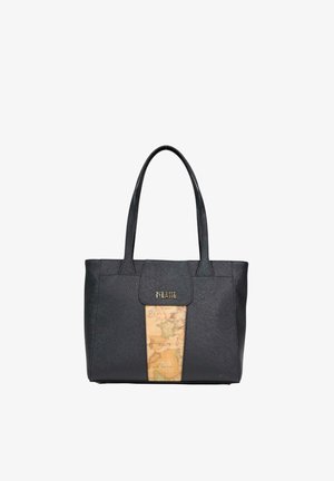 Sac fourre-tout noir à finition texturée, avec double poignées et un panneau central beige ornée d'un motif de carte vintage et du logo "TILASH" en or.