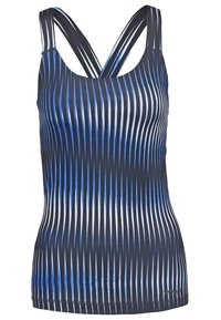 Débardeur ajusté bleu marine pour femme avec des rayures verticales blanches et bleu clair, et des bretelles croisées au dos.