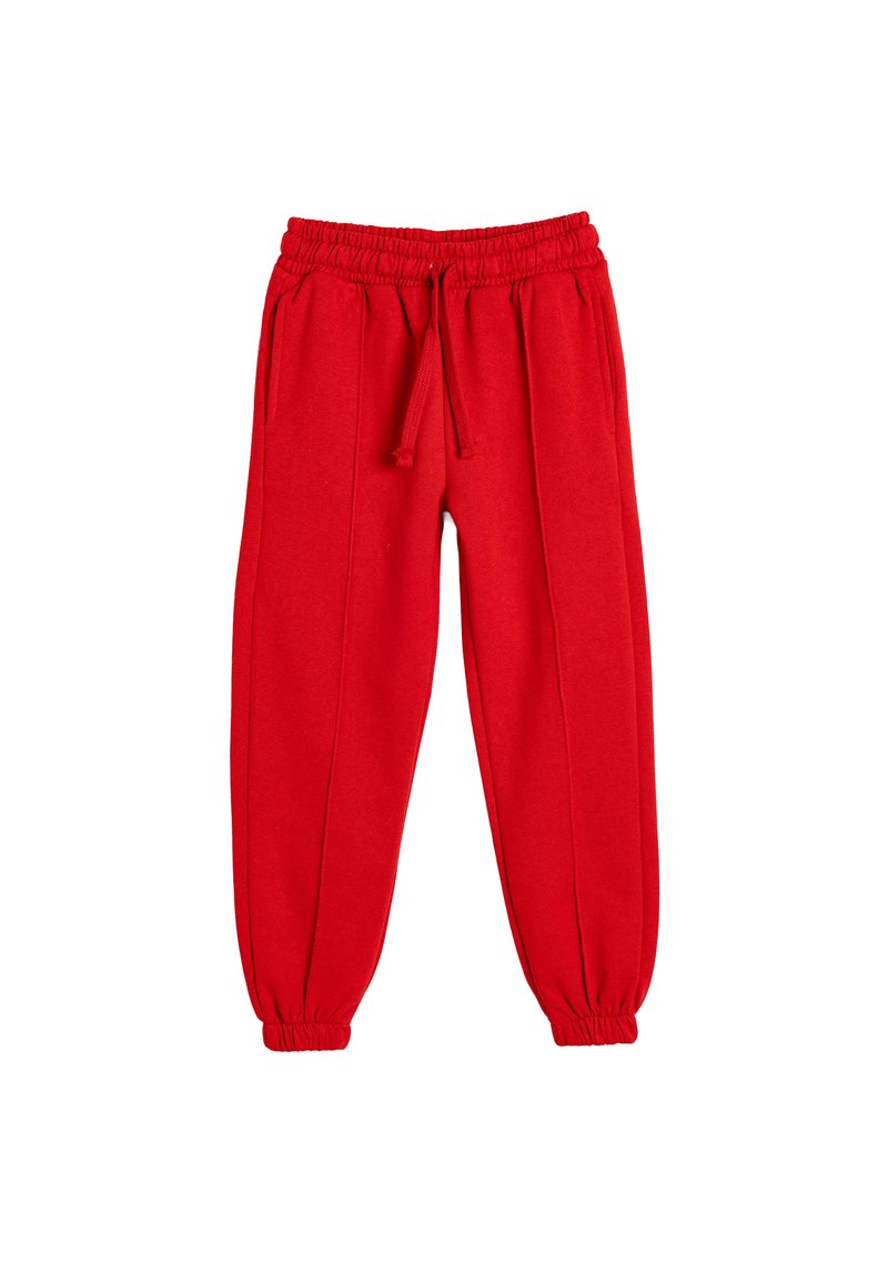 Pantalones de chándal rojos con cintura elástica y cordón de ajuste, que presentan bolsillos laterales y puños ajustados en los tobillos. Textura de tela suave.