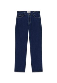 Granatowe dżinsy z prostą nogawką, wyposażone w przednie kieszenie, zapięcie na guzik i kontrastowe przeszycia.