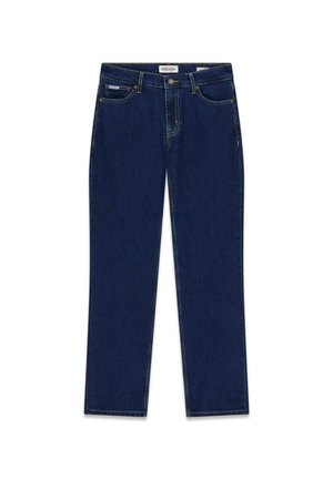 Donkerblauwe spijkerbroek met een rechte pijp, voorzien van voorzakken, een knoopsluiting en contrasterende stiksels.