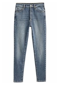 Lichtblauwe denim skinny jeans met vijf zakken, een knoopsluiting en een licht vervaagde afwerking. Soepele textuur en klassiek ontwerp.