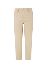 Pantaloni chino beige con un taglio slim, dotati di chiusura frontale con bottone, due tasche laterali e una texture di cotone liscia.