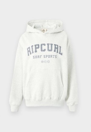 Grå bomullhettetrøye med en frontlomme og ribbestrikkede mansjetter. "RIPCURL SURF SPORTS" er trykt i mørkeblått over brystet.