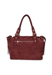 Borsa a tracolla in suede color marsala con manici doppi e accessori in tono oro. Presenta una tasca frontale con zip e dettagli con cordoncino regolabile sui lati.