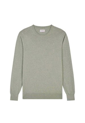 Suéter gris claro de manga larga con cuello redondo, puños y dobladillo acanalados, colocado plano sobre un fondo blanco.