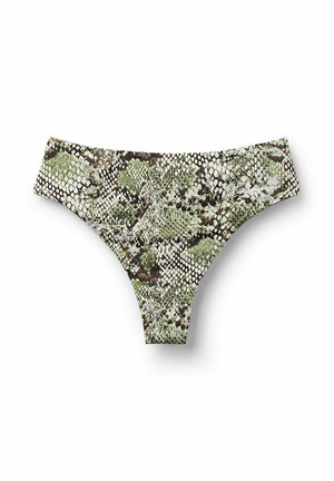 Groene en bruine bikini onderkant met slangprint, beschikt over een gladde textuur, lage taille en naadloze zijkanten, ontworpen voor een aansluitende pasvorm.