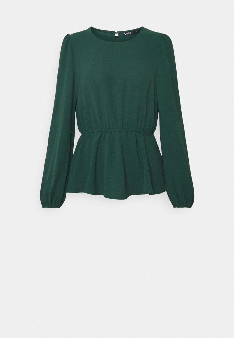 Haut peplum vert foncé à manches longues, décolleté rond et taille froncée. Fabriqué en tissu doux avec une texture lisse.