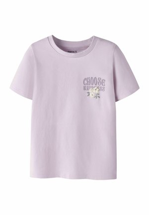 Light purple short-sleeve T-shirt with “Choose Kindness” text and white flower graphic on the upper left chest, round neckline.